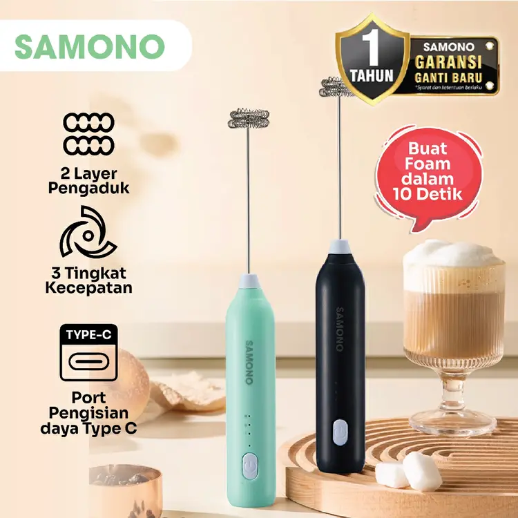 SAMONO Hand Mixer Mini 2in1 Elektrik USB Milk Frother – Pengocok Telur Pembuih Susu Pengaduk Kopi Cokelat 3 Kecepatan Portable Serbaguna 400mAh SW-MFB10