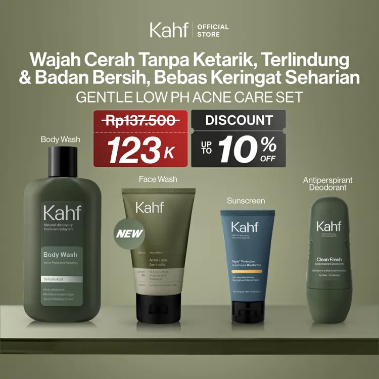 [KAHF BUNDLE 4IN1 PAKET PERAWATAN DAILY USE ESSENTIALS] Paket Personal Care (Face Wash + Sunscreen Moisturizer + Body Wash + Deodorant) - Wajah Cerah Tanpa Ketarik, Terlindungi, Badan Bersih, & Bebas Keringat - Suitable for Daily Use
