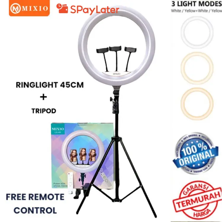 MIXIO Ring Light 45cm + Light Stand Tripod 2M with 3 Holder HP & Remot