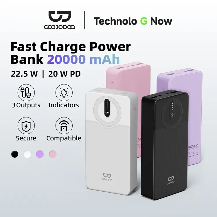 GOOJODOQ 20000mAh Power Bank USB Fast Charging Portable LED Light Charger 22.5W for Phone Pad Fan
