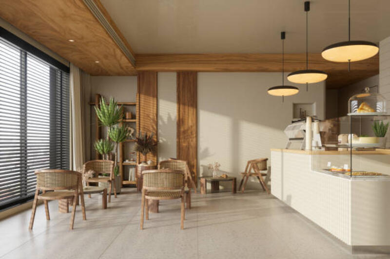 interior kafe gaya wabi sabi dengan meja kopi, kursi dan lampu gantung - work from cafe potret stok, foto, &amp; gambar bebas royalti