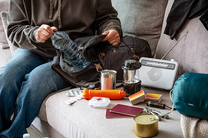 wanita mengisi ransel darurat dengan persediaan darurat bencana. mempersiapkan diri menghadapi krisis atau bencana - radio potret stok, foto, &amp; gambar bebas royalti