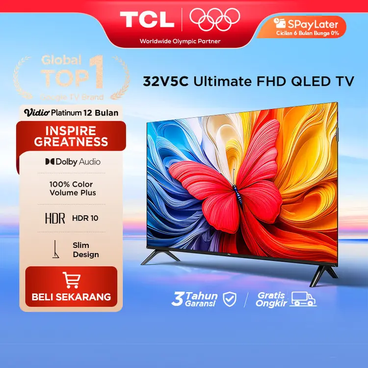 [Flash Sale] TCL Ultimate QLED FHD TV 32 inch V5C - HDR 10 - Dolby Audio - Google Play/Netflix/Youtube/Disney+Hotstar - Smart Android 24 LED Digital Promo Murah G9 (Model: 32V5C) | 32G9 40G9