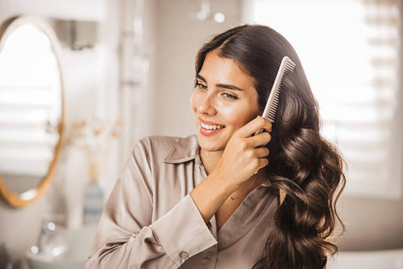 wanita muda yang tersenyum menyisir rambutnya di kamar mandi - healthy hair potret stok, foto, &amp; gambar bebas royalti