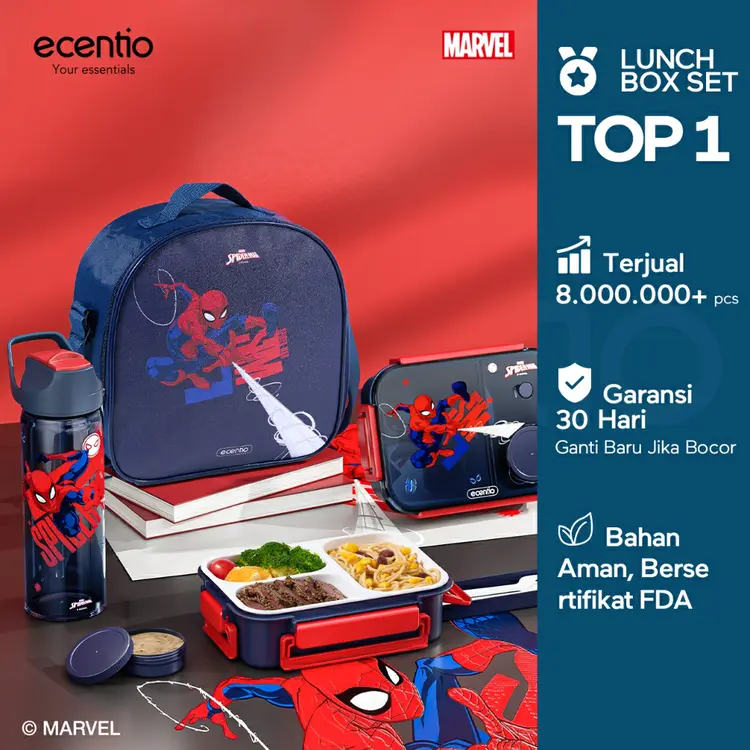 【ecentio spider man set】ecentio Kotak Makan Set anti tumpah lunch box anak 800ml free sendok botol minum lucu BPA Free Tas bekal