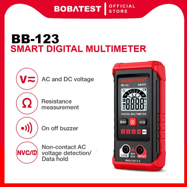 BOBATEST Multimeter Digital Alat Pengukur Tegangan Listrik Otomatis 600V Smart Digital Mulitmeter AC/DC 4000 Counts Multitester Digital BB-123
