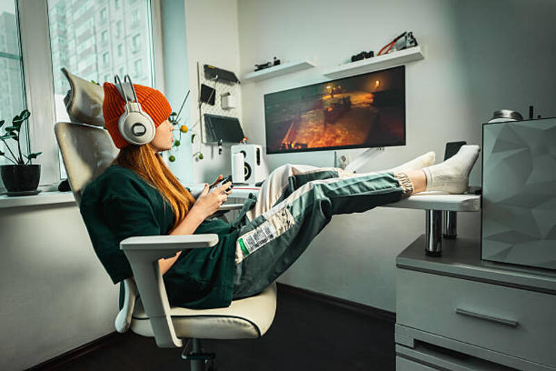 gadis menikmati video game di kursi ergonomis dengan peralatan game mutakhir. tempat kerja dilengkapi monitor, headphone, joystick, memadukan kenyamanan, teknologi, dan kreativitas di interior rumah. - video games using gamepad potret stok, foto, & gambar bebas royalti