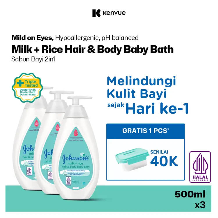 [Paket isi 3] JOHNSON'S Milk + Rice Hair & Body Baby Bath 2in1 500ml - Sabun Mandi Bayi 2in1 Cair New Born untuk Melembutkan Kulit