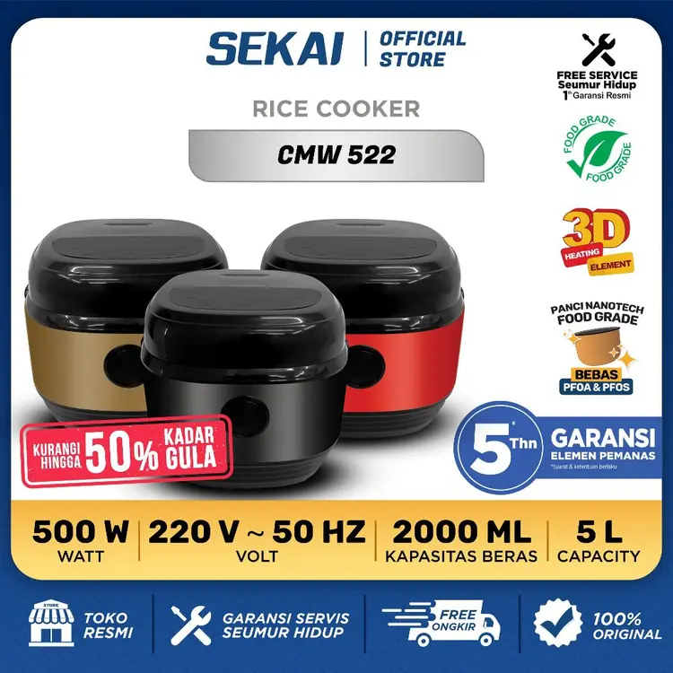 SEKAI Rice Cooker Low Carbo Low Sugar 8 in 1 / Rice Cooker Digital Penanak Nasi Magic Com Anti Gemuk 2 L - SERELA  CMW 522
