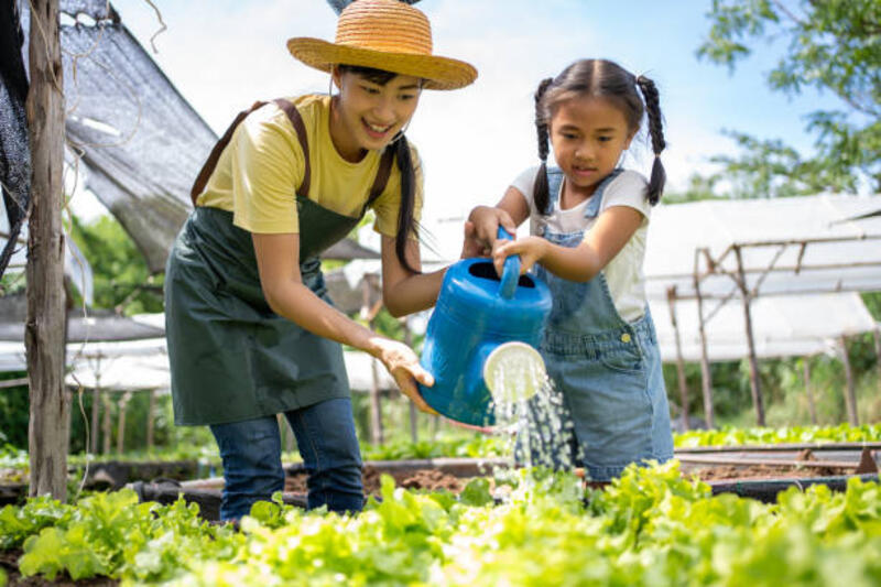 ibu gadis menyiram sayuran, rumah kaca dan ladang. - asian gardening potret stok, foto, &amp; gambar bebas royalti