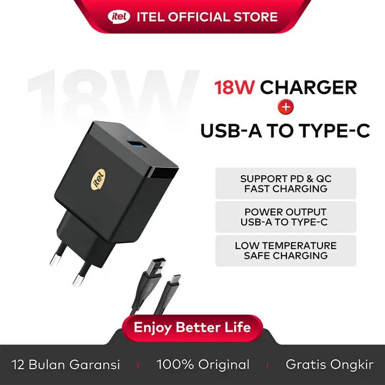 itel Official Kepala Kabel USB-A to Type-C Charger Fast Charging 1Meter Travel Cable Adapter Handphone Casan For Android