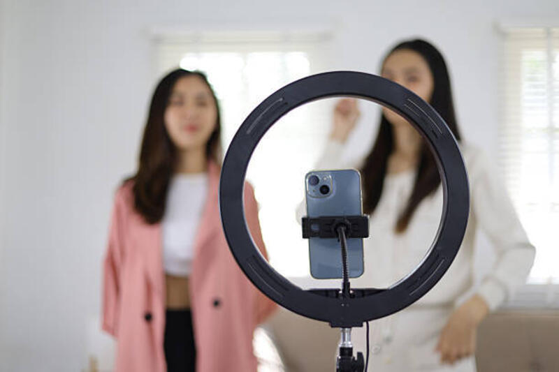 young asian woman and friends using smartphone to create her own dance video. happy beautiful woman dancing moving rhythmically while listening to music song. woman practicing dancing at home. - ringlight outdoor potret stok, foto, &amp; gambar bebas royalti