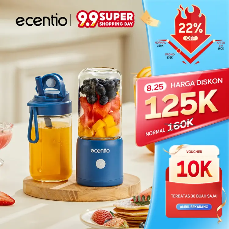 ecentio Juicer Portable Mini Blender MPASI Portable 2 Kaca Gelas Food Grade Tahan Pecah 380ml+380ml 10 Pisau Stainless SNI Garansi 1 Tahun For Smoothie Diet & Minuman Sehat