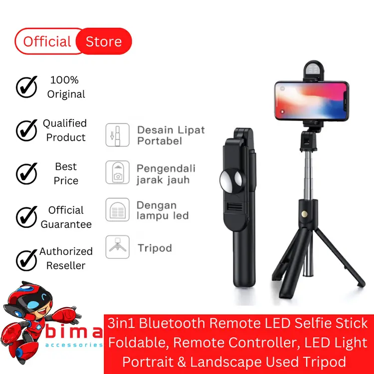 Tongsis Tripod Bluetooth Remote HP Selfie Stick LED Flash Portable Rotatable Expandable 1.7 Meter