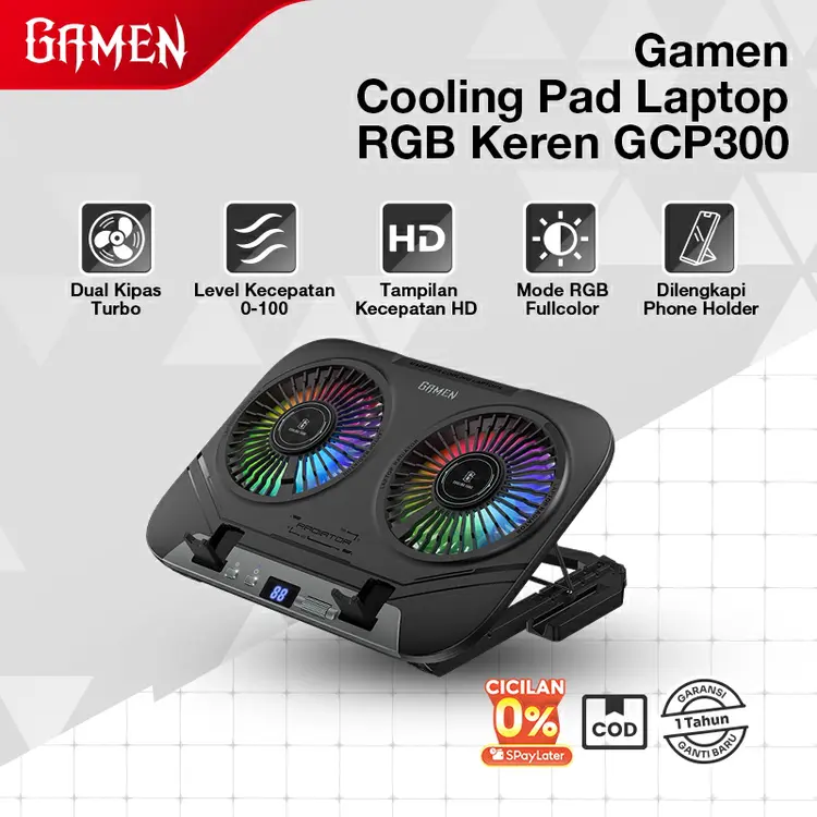 GAMEN Laptop Gaming Cooling Pad Kipas 2 Inti 3900 RPM 100 Level Fan Speed With Phone Holder Silent Fan GCP300  Original - Garansi 1 Tahun