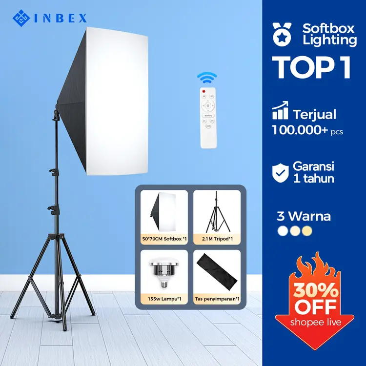 【✨NO.1 Best selling】INBEX  Konten Kreator  Softbox Lighting 3 Warna  3000K 6000k 50x70cm  untuk  vlog  Live  Streaming Studio Lampu Video