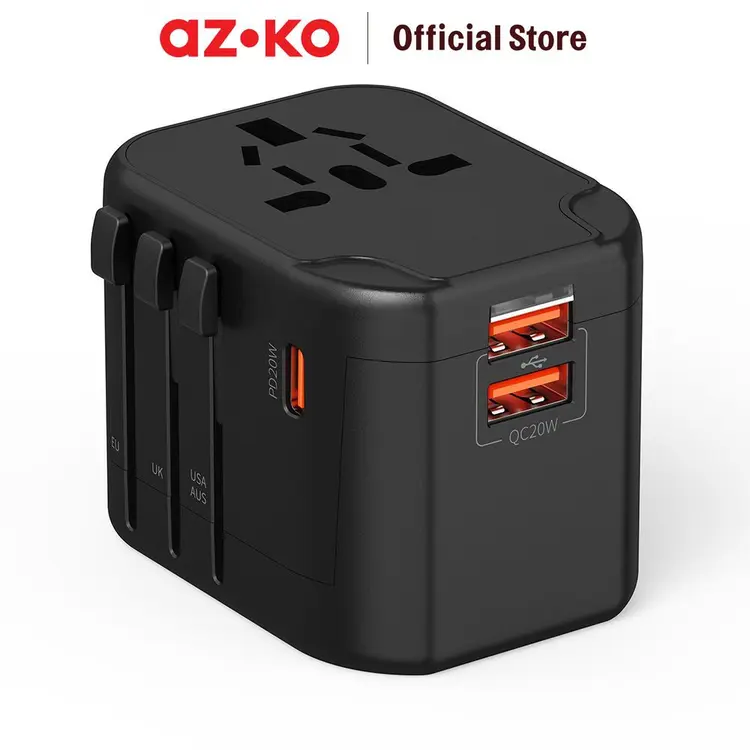 AZKO Krisbow Travel Adaptor 2 Usb A & 1 Usb C 20 watt Qc - Hitam Konektor Perangkat Elektronik Adapter Usb A Usb C Aksesoris Gadget Converter