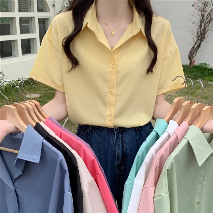 YURUMA Kemeja Retro Wanita Lengan Pendek Warna Solid Atasan Simpel Longgar Cocok Untuk Semua