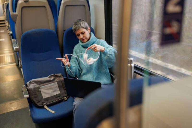 wanita menggunakan laptop di kereta - conmuter person on train potret stok, foto, & gambar bebas royalti