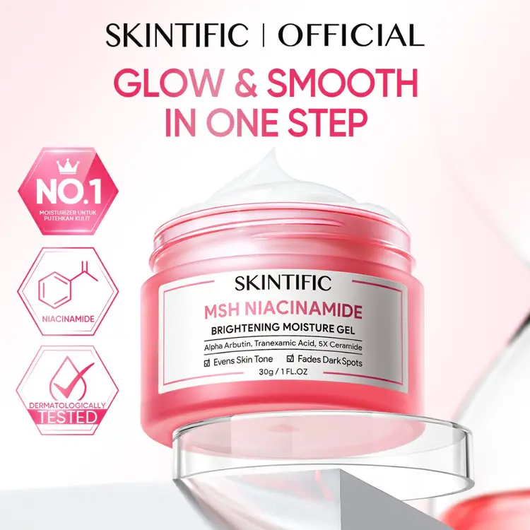 SKINTIFIC - MSH Niacinamide Brightening Moisturizer Gel 30g | Brightening Cream Krim Pencerah Dark Spot Pelembab Wajah pencerah Wajah Facial Moisturizer Day Cream Night Cream Skincare BPOM Niacinamide with MSH Niacinamide Arbutin Acid