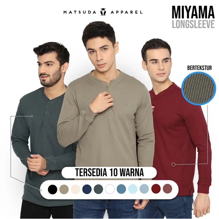 MATSUDA Kaos Lengan Panjang Henley Waffle Katun Miyama