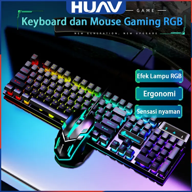 HUAV Kombo Keyboard dan Mouse Gaming dengan Lampu RGB Cahaya / Termasuk Mouse dan Keyboard - Keyboard Mekanikal untuk PC Laptop Hp / Esports Gaming Keyboard / 104 Keys / Keyboard BackLight