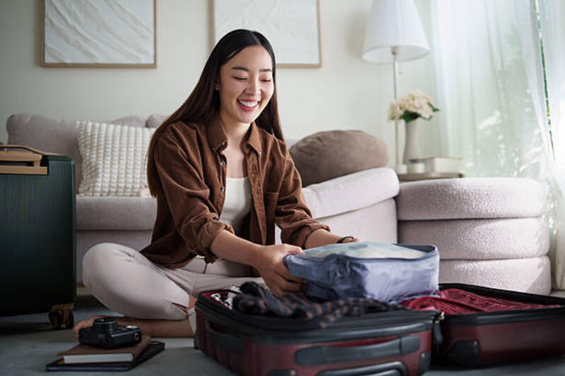 smiling young woman packing clothes into a suitcase, getting ready for a trip at home. - prepare before traveling potret stok, foto, &amp; gambar bebas royalti