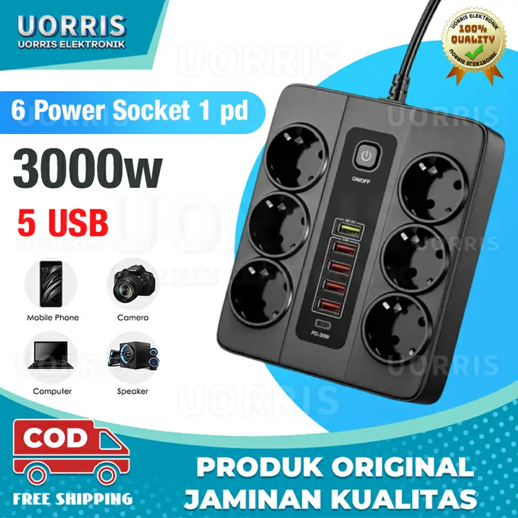UORRIS: Power Soket 6 colokan stop kontak Stop Kontak USB Hexagon Socket 5 USB 1A 3000watt BKL 11EU fast Charging, 4AC+2USB