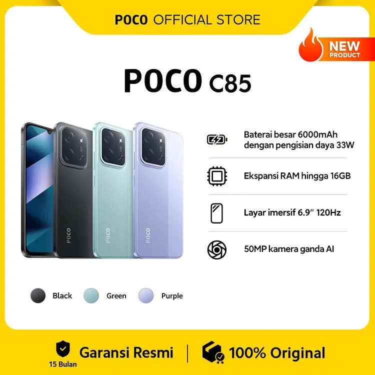 POCO C85 (6/128 GB) (8/256 GB) Baterai besar 6000mAh dengan pengisian daya 33W | Ekspansi RAM hingga 16GB | Layar imersif 6.9" 120Hz | 50MP kamera ganda AI [Official Store] 