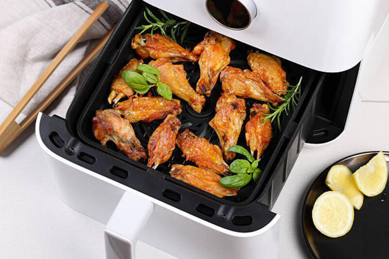 penggorengan udara dengan stik drum dan sayap ayam - fried chicken airfryer potret stok, foto, & gambar bebas royalti