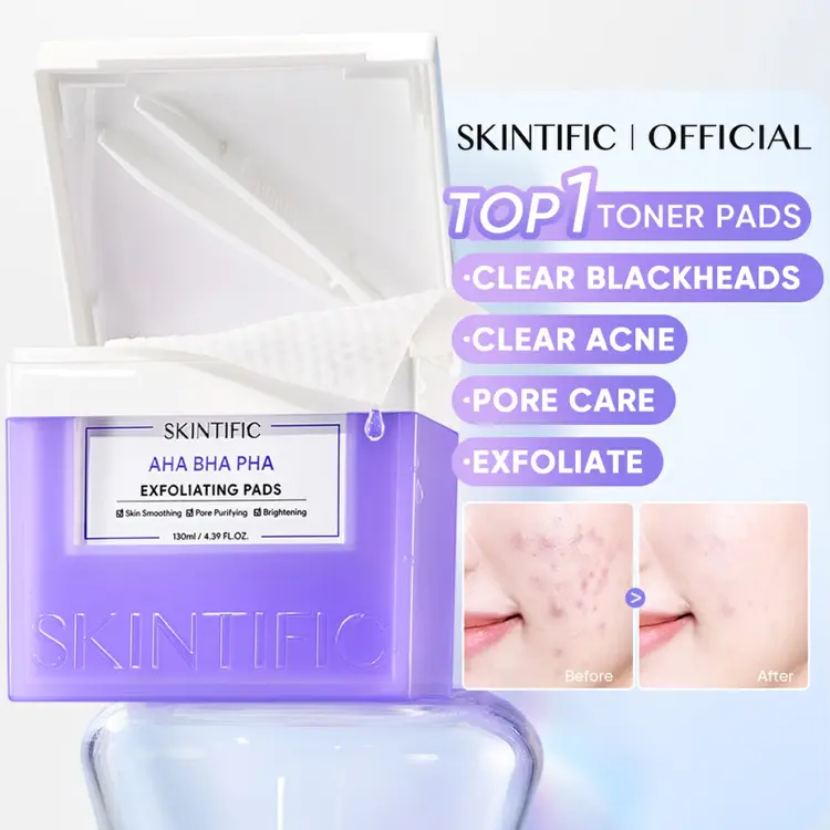 [NEW]SKINTIFIC Clear Acne Blackheads EXFOLIATING Toner  PADS | Exfoliasi Wajah Peeling Solution Skin Smooth Niacinamide Whitening AHA BHA PHA Pencabut Komedo|  Brighting Fade Dark Spots |Acne Scars Clear | 130ml