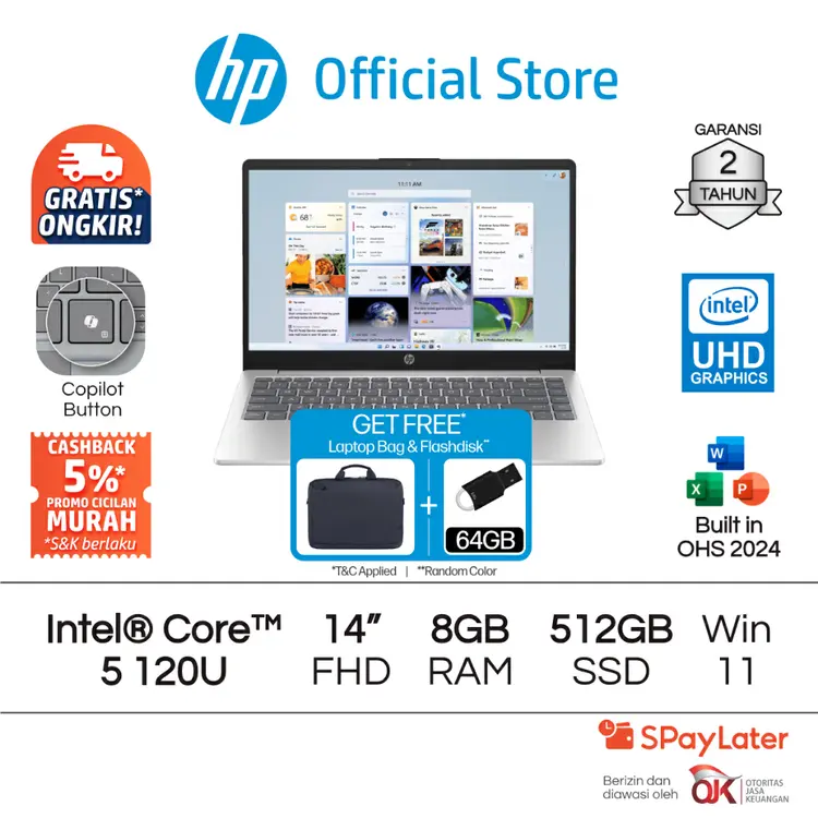 Laptop HP Intel Core i5 Iris X 8GB / 16GB RAM 256GB / 512GB SSD Silver Windows 11 Home 14 Inch Gen 12 Garansi 2 Tahun Promo Murah Gratis Ongkir Official Non Second 
