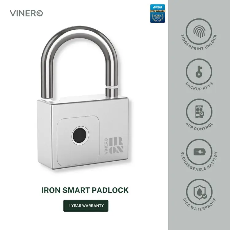 Vinero Iron Smart Padlock Fingerprint Bluetooth Water Resistant IP65