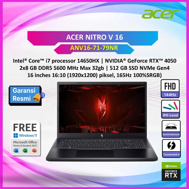 ACER NITRO V 16 I7 14650HX / I5 14450HX | RTX4050 6GB/ 16GB 512GB W11+OHS 16" WUXGA 165HZ 100SRGB 2Y+ADP BLACK
