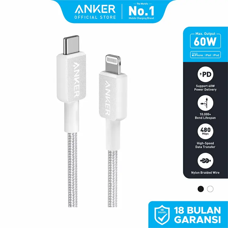 Kabel Charger Anker 322 USB-C to Lightning 3ft - A81B5