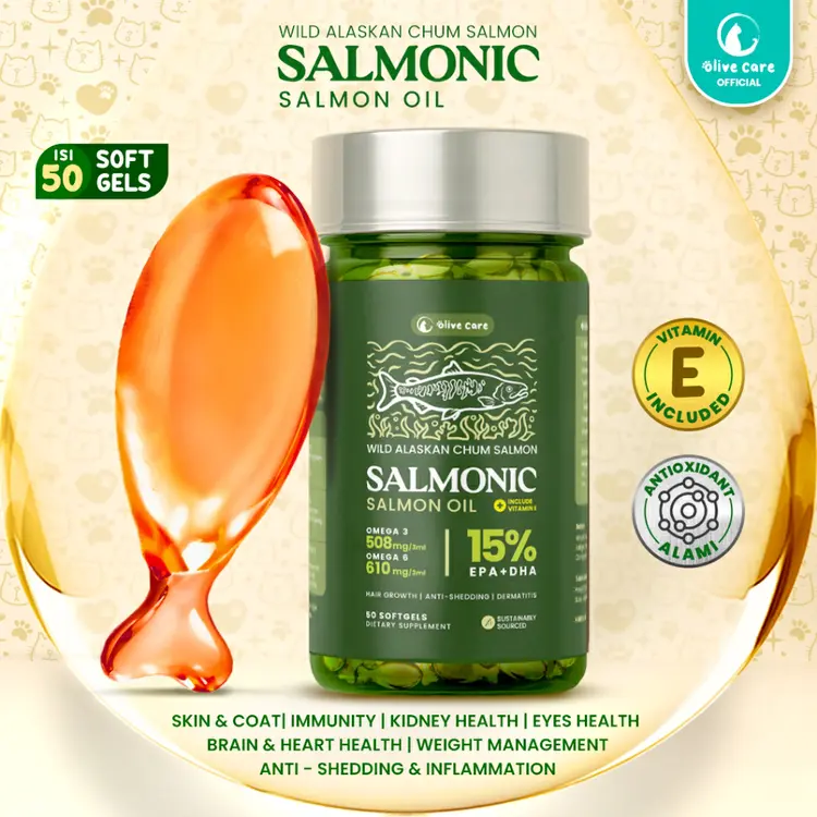 Olive Care Vitamin Minyak Ikan Kucing SALMONIC Murni & Alami Non-GMO Tinggi Omega 3 EPA DHA Omega 6 Fish Oil untuk Pertumbuhan Bulu, Kekebalan Tubuh, Bulu Rontok, Fungsi Otak, Kesehatan Jantung, Sendi, Mata, Ginjal, Dermatitis, Anti Inflamasi, Pencernaan