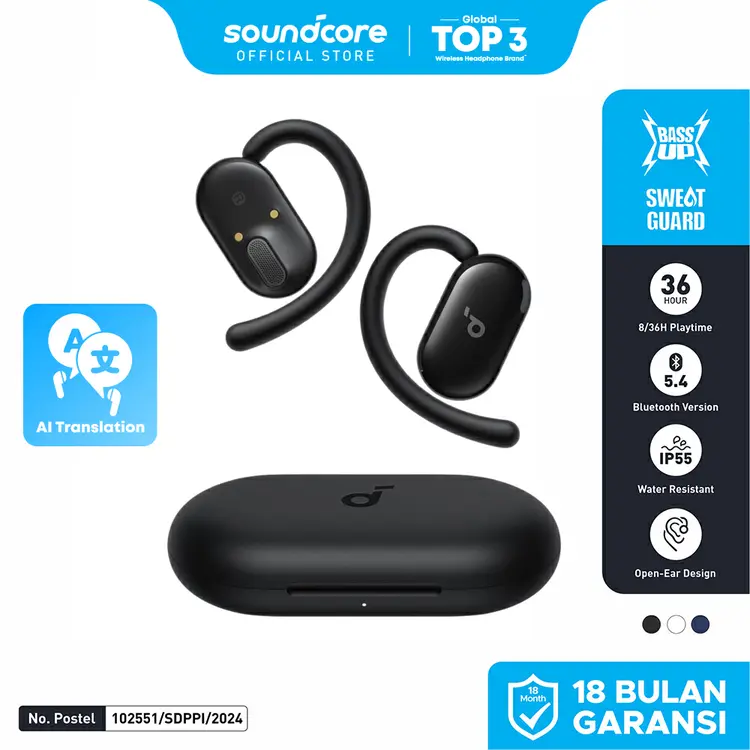 Soundcore by Anker AeroFit V20i OWS Open-Ear Headphones Adjustable Ear Hooks Ultra-Comfort Snug Fit Powerful Sound Clear Calls IP55 LED Lights 36H Playtime Bluetooth 5.4 Earbuds Multipoint Connection - A3876