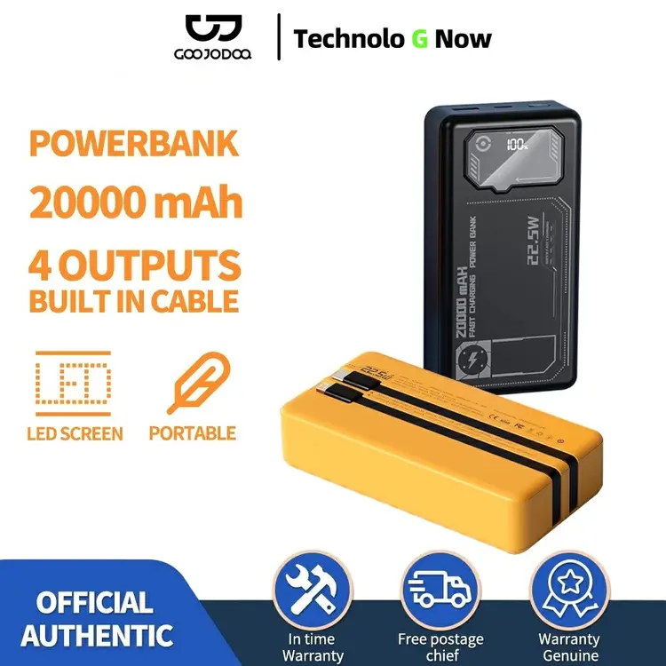 Goojodoq 20000 mAh Polymer Power Bank with Built-in Cables PD Fast Charging and Intelligent Circuit Protection