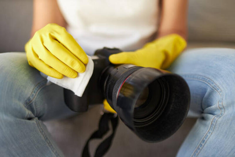 berbagai foto seorang wanita melakukan disinfeksi dan pembersihan kamera dengan tisu disinfektan sambil mengenakan sarung tangan karet - mengelap kamera potret stok, foto, &amp; gambar bebas royalti