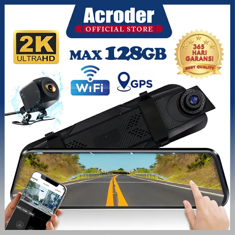 Acroder Dashcam Mobil WIFI GPS 10 inch 2K Layar Sentuh IPS Perekaman Loop 24 jam