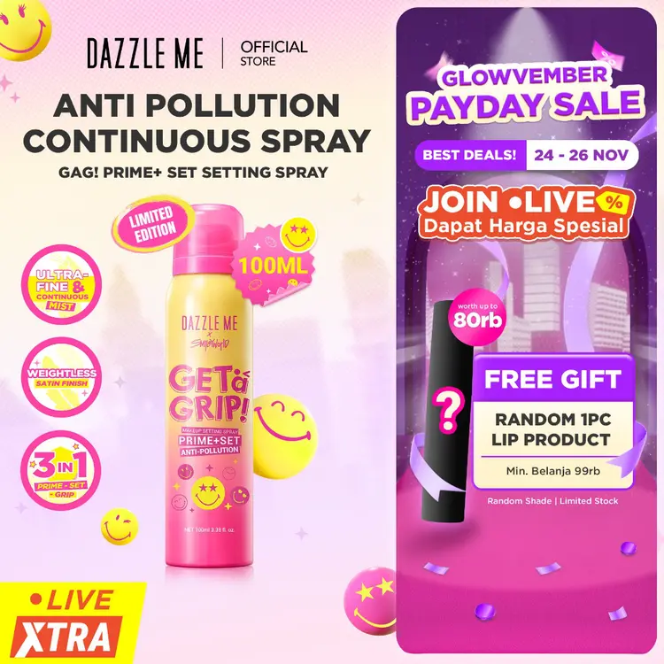[SPECIAL EDITION] DAZZLE ME Get a Grip! SmileyWorld Edition Aerosol Setting Spray Prime+Set Anti-Pollution - Setting Spray Anti Polusi Aerosol Continuous Spray Mengunci Makeup 24 Jam Waterproof Transferproof - Primer Makeup