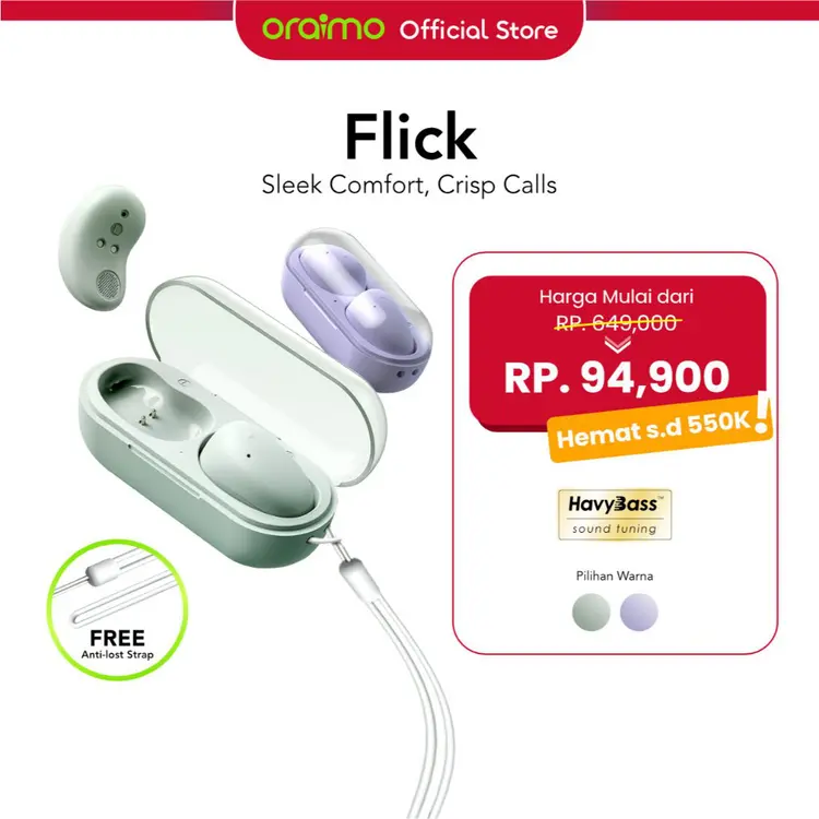 oraimo TWS Mini Earphone Bluetooth Stereo Flick OTW-3002 6 Hours Playtime Tahan Air Tahan Air ENC Headset Mikrofon Bass Berat Earphone Headphone Earphone TWS Bluetooth True Wireless Waterproof Lightweight