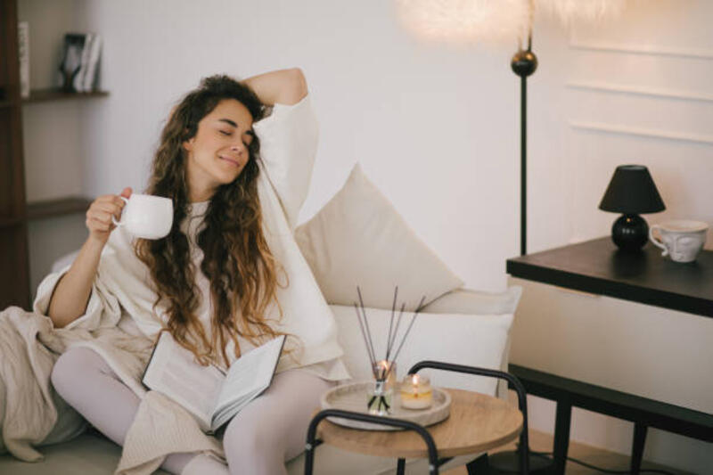 wanita muda membaca buku dan minum teh, duduk di sofa di ruang tamu yang nyaman. - aromaterapi rumah potret stok, foto, &amp; gambar bebas royalti