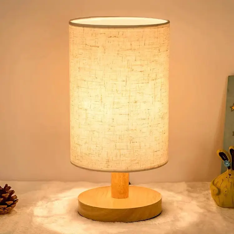UPHOME Lampu Tidur Led Wireless Remote Control 3 Color Lampu Wood Meja Hias Kain LED Lampu Vintage Gaya Jepang Lampu