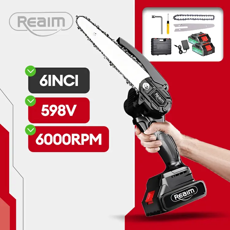 Reaim Mesin Chainsaw 6 Inch Cordless Chainsaw Pemotong Kayu Gergaji Listrik Gergaji Baterai Gergaji Rantai Elektrik Mini 2 Baterai Gergaji Listrik
