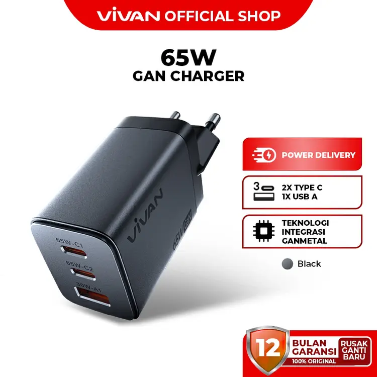 VIVAN Charger GaN65 Fast Charging 65W 3 Output GaN Metal 2 Type-C 1 USB-A  Support All Phone & Laptop Garansi 12 Bulan