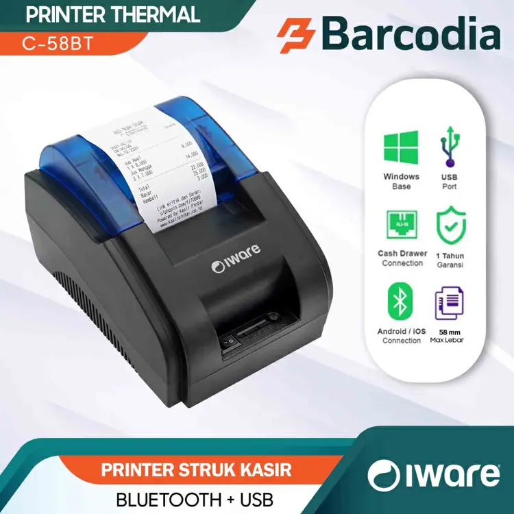 BARCODIA Printer Bluetooth Iware C58bt Kasir/Ppob Thermal 58mm Support Android (Usb+Bluetooth)