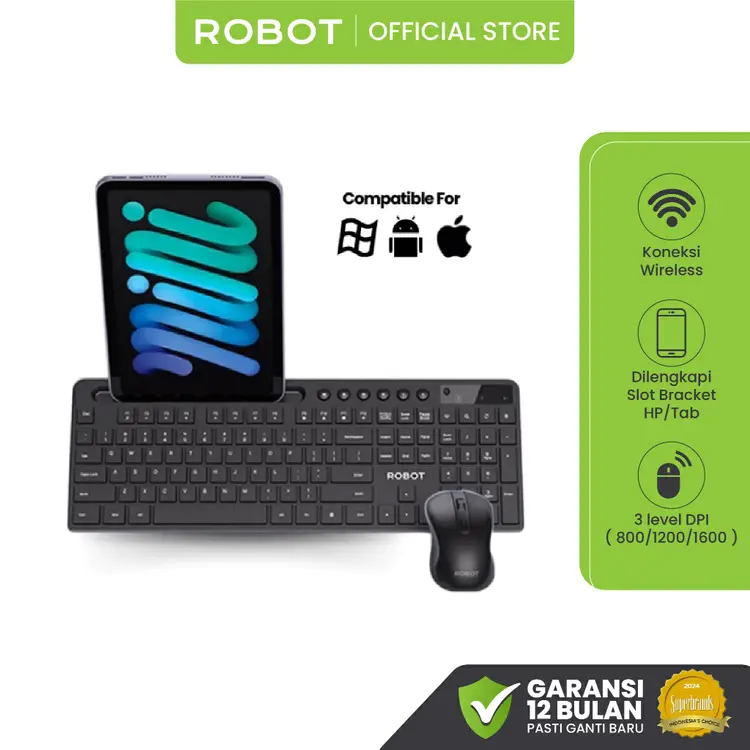ROBOT Set Keyboard & Mouse Wireless KM3700 Combo Multi-Device dengan Holder HP, Kompatibel untuk Laptop, Tablet, PC & Mac - Garansi 1 Tahun