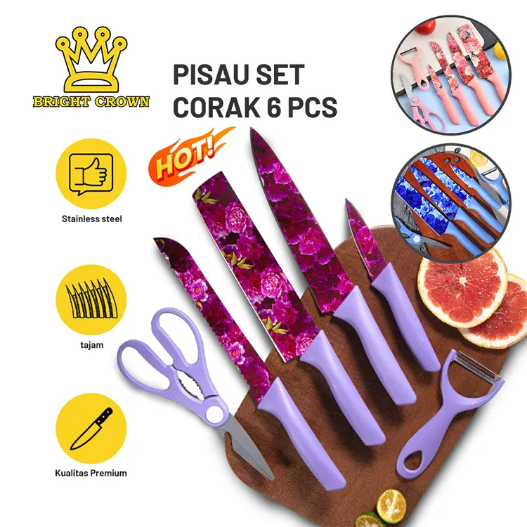 Bright Crown Pisau Set 6 Pcs Corak Bunga Bahan Stainless Steel Tajam /Flower Kitchen Knife Set 6 Pcs