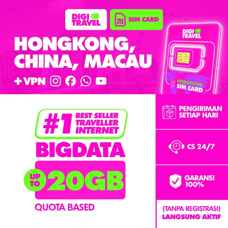 DIGITRAVEL SIM Card China Mainland Macau Hongkong Kuota Besar Data Internet Roaming Include VPN